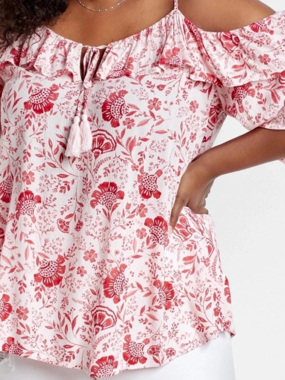 Maurices Floral Ruffle Cold Shoulder Blouse Pink Red Size XL